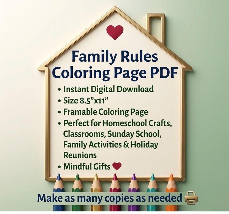 Op de afbeelding: Een digitale PDF kleurplaat getiteld "Family Rules" in een huisvormige lijst. De tekst bevat "Directe digitale download" en "Afmeting 21,6 cm x 27,9 cm". De afbeelding toont ook een rij kleurpotloden en de zin "Maak zoveel kopie&euml;n als nodig".