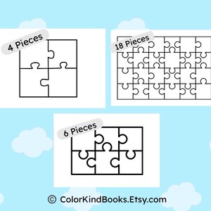 May include: Three white puzzle diagrams with black outlines, each with a different number of pieces: 4, 6, and 18. The text "4 Pieces", "6 Pieces", and "18 Pieces" are written above each puzzle. The Etsy shop name "ColorKindBooks.Etsy.com" is at the bottom.