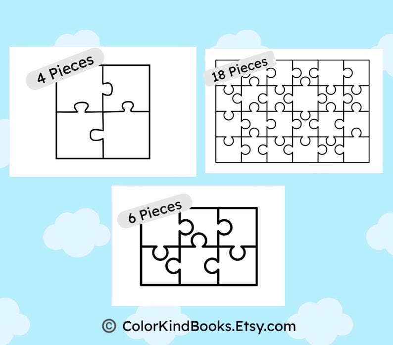 May include: Three white puzzle diagrams with black outlines, each with a different number of pieces: 4, 6, and 18. The text "4 Pieces", "6 Pieces", and "18 Pieces" are written above each puzzle. The Etsy shop name "ColorKindBooks.Etsy.com" is at the bottom.