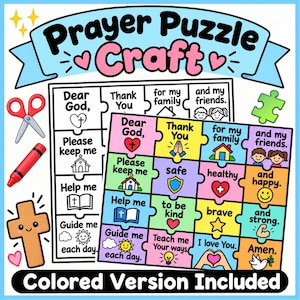以下が含まれることがあります： Prayer Puzzle Craftの工作キットで、白黒のテンプレートと完成したカラー版が含まれています。パズルのピースには、教会、ハート、十字架、太陽、鳩などの宗教的なテキストやイラストが描かれており、ハサミとクレヨンも添えられています。