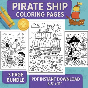 3 Pirate Coloring Pages PDF | Printable Pirate Sheets for Kids | Pirate Ship | Treasure Hunt | Treasure Map | Treasure Chest | Pirate Bundle