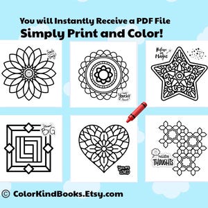 May include: Six black and white colouring pages featuring a flower, mandala, star, square, heart, and geometric pattern. Text includes "Smile Each Day," "Make Yourself Proud," "Believe in Magic," "Dream Big," "You are LOVED," and "Positive THOUGHTS."