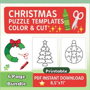 6 Printable Christmas Puzzle Templates | Christmas Craft for Kids and Adults | Color & Cut Activity | Christmas Outline Shapes | Xmas DIY
