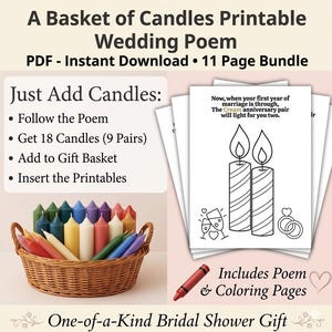 May include: A printable wedding poem bundle with 11 pages, featuring a basket of colourful candles. The image includes colouring pages and instructions to add candles to a gift basket. Text reads: "A Basket of Candles Printable Wedding Poem."