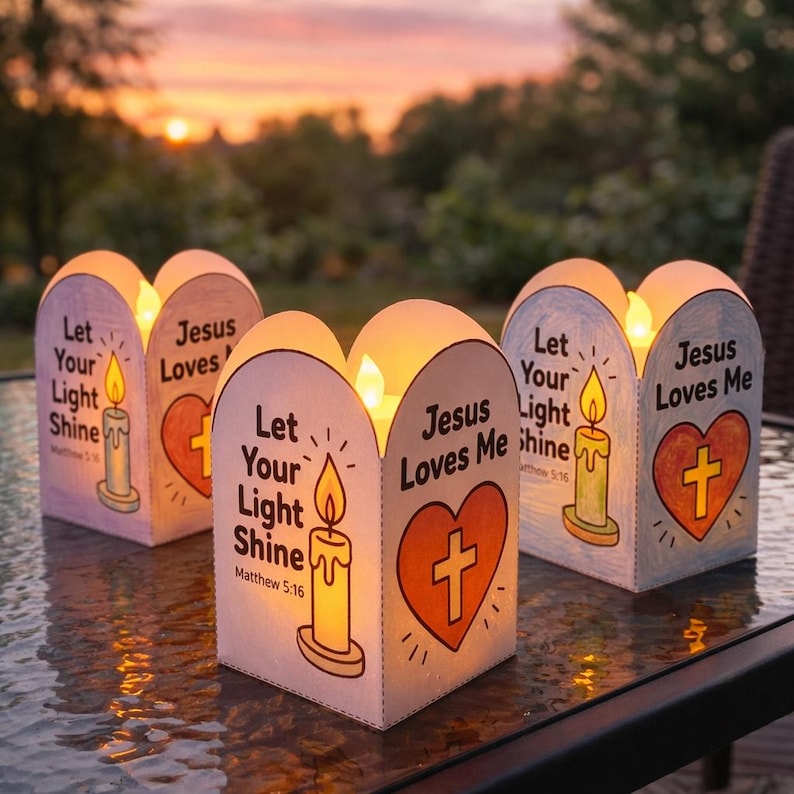 May include: Three arched paper luminaries featuring a hand-drawn candle illustration, the text "Let Your Light Shine Matthew 5:16," and a heart with a cross containing the text "Jesus Loves Me." Each luminary glows with a warm internal light.