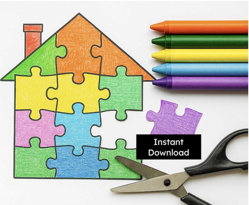 May include: A colorful house puzzle with a chimney, partially assembled with various colored pieces. Crayons in orange, green, yellow, blue, and purple are arranged next to the puzzle. A purple puzzle piece and scissors are also present. The text "Instant Download" is displayed.