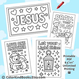 May include: A collection of printable PDF coloring pages with religious themes. Designs include the word "JESUS" surrounded by hearts and stars, a child praying, a lion and lamb, and a lantern with stars. A red crayon is also visible.
