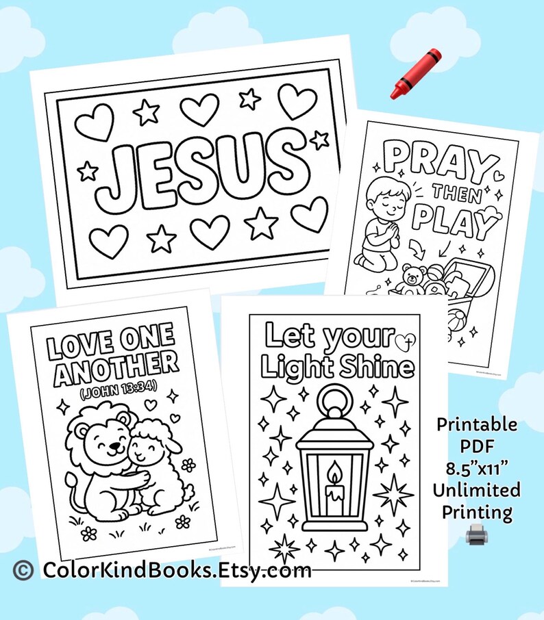 May include: A collection of printable PDF coloring pages with religious themes. Designs include the word "JESUS" surrounded by hearts and stars, a child praying, a lion and lamb, and a lantern with stars. A red crayon is also visible.