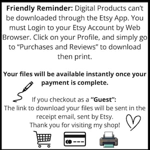 May include: Black and white graphic with text about downloading digital products from Etsy. Includes a pen drawing, a heart, a shopping cart, a credit card, and a printer icon.