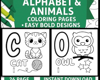 26 Alphabet & Animals Coloring Pages PDF | Printable Preschool and Homeschool Worksheets | Educational Kids Activity | ABC Early Learning