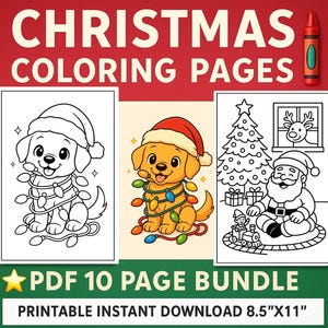 May include: A digital download bundle with Christmas coloring pages. The image shows the text "CHRISTMAS COLORING PAGES" and illustrations of a puppy in a Santa hat, a Christmas tree, and Santa Claus. The bundle is a PDF with 10 pages, sized at 21.59cm x 27.94cm.