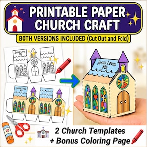 Paper Church Craft, Printable Bible Craft for Kids, Christian Kids Activity, Build a Church, Paper Church Templates, Sunday School, VBS