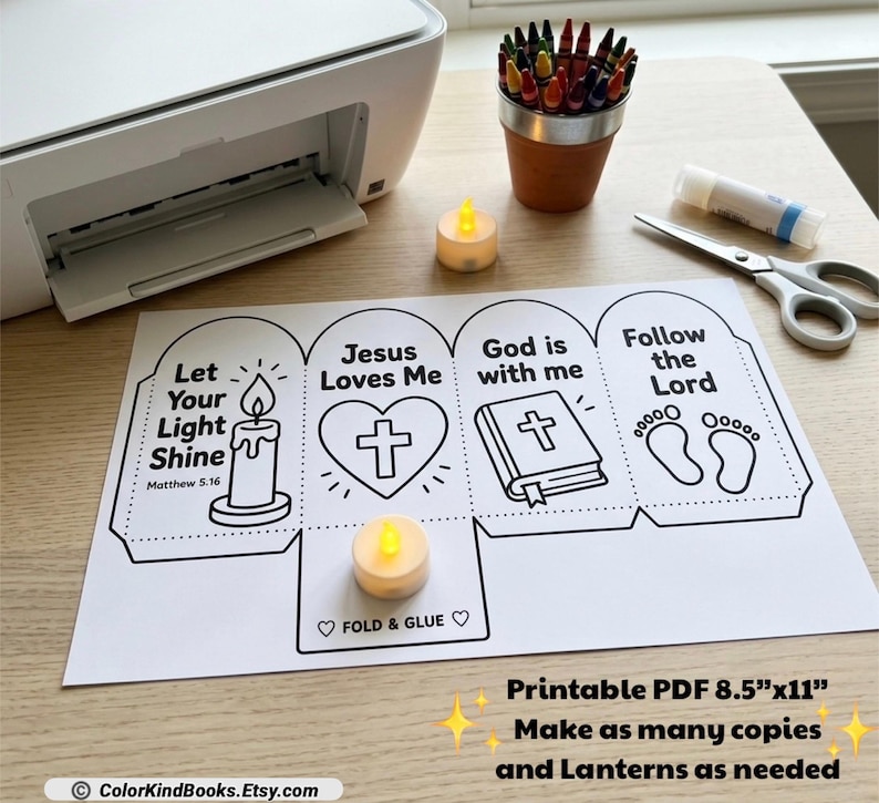 May include: A printable paper craft sheet featuring four panels with religious illustrations and text including Let Your Light Shine, Jesus Loves Me, God is with me, and Follow the Lord. The sheet includes fold and glue tabs for assembly.