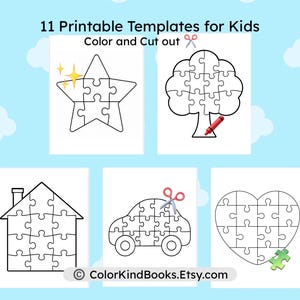 May include: A collection of 11 printable puzzle templates for kids, featuring various shapes like a star, tree, house, car, and heart. The templates are black and white, designed for coloring and cutting out. The text "Color and Cut out" is included.