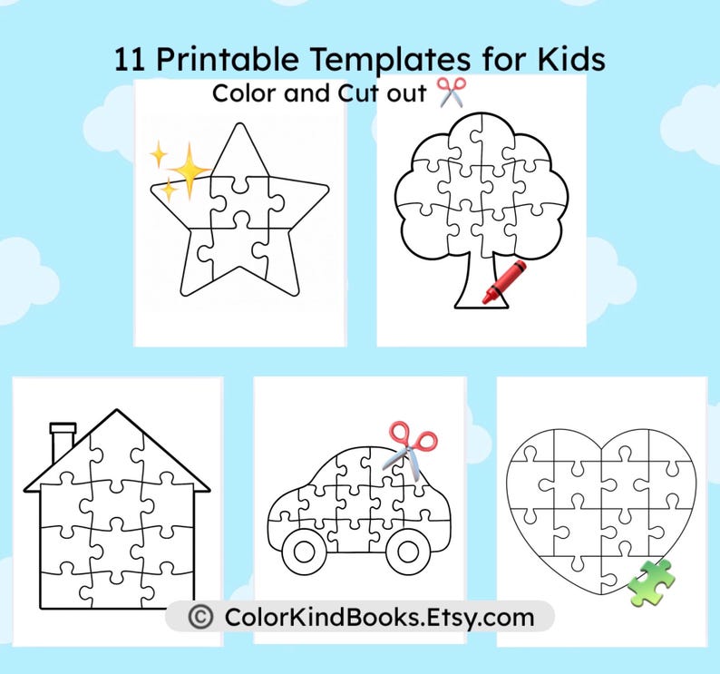 May include: A collection of 11 printable puzzle templates for kids, featuring various shapes like a star, tree, house, car, and heart. The templates are black and white, designed for coloring and cutting out. The text "Color and Cut out" is included.