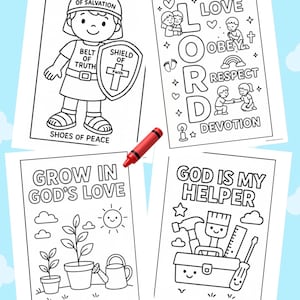May include: Four black and white coloring pages with religious themes. One page features a cartoon soldier with text: "Helmet of Salvation", "Belt of Truth", "Shield of Faith", and "Shoes of Peace". Other pages have text: "Love, Obey, Respect, Devotion", "Grow in God's Love", and "God is My Helper". A red crayon is also present.