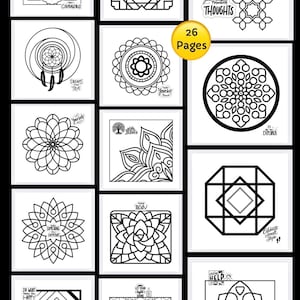May include: A collection of 26 black and white colouring pages featuring geometric patterns, mandalas, and inspirational text such as Courageous, Positive Thoughts, Dreams Come True, Make Yourself Proud, Explorer, Do What Makes You Happy, and Help.