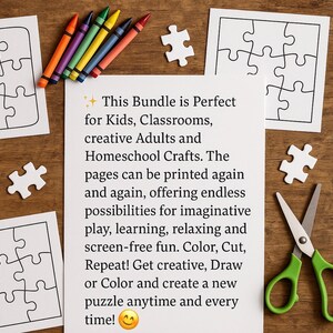 May include: A selection of puzzle pieces, crayons, and scissors on a wooden surface. The image includes printed puzzle outlines and the text: "This Bundle is Perfect for Kids, Classrooms, creative Adults and Homeschool Crafts."