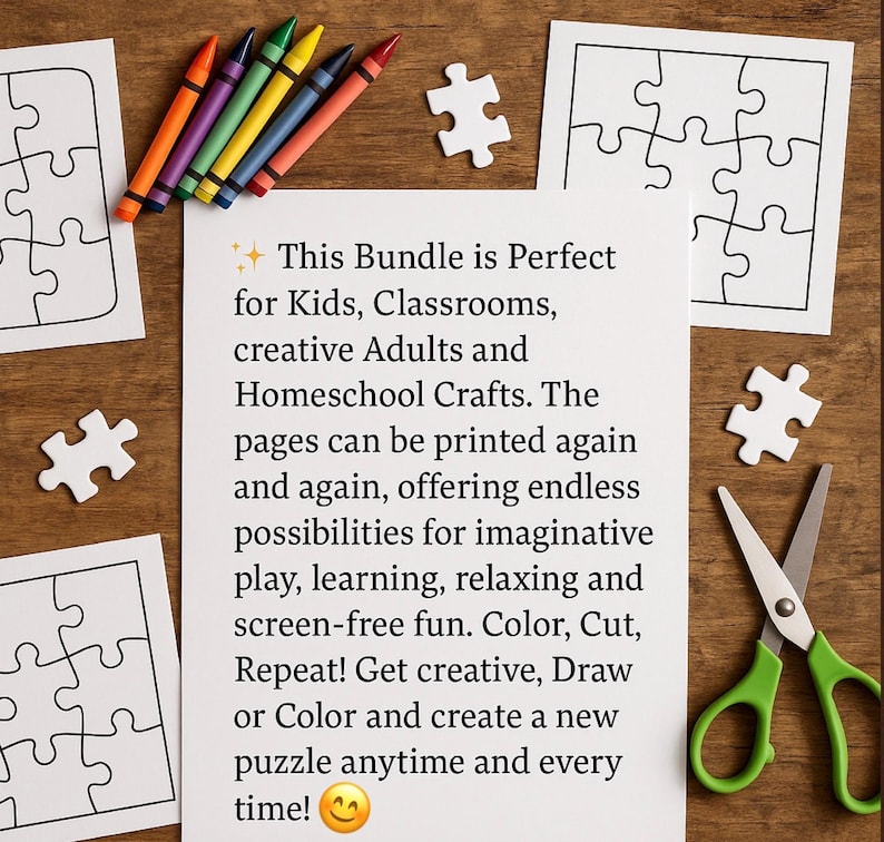 May include: A selection of puzzle pieces, crayons, and scissors on a wooden surface. The image includes printed puzzle outlines and the text: "This Bundle is Perfect for Kids, Classrooms, creative Adults and Homeschool Crafts."