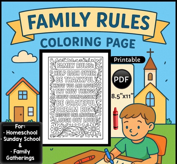 Printable Family Rules Coloring Page | Family Rules Template | Sunday School Kids Craft | Family Values | Family Coloring Activity | PDF