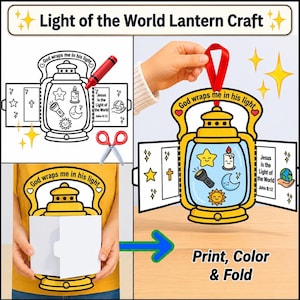 Jesus Paper Lantern Craft, Printable Bible Craft for Kids, Sunday School, Christian Kids Church Activity, Light of the World, John 8:12, VBS