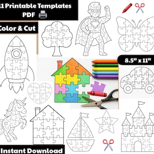 Puede incluir: Un PDF imprimible con 11 plantillas para colorear y cortar rompecabezas. Las plantillas incluyen un cohete, un árbol, un superhéroe, una mariposa, un coche, un corazón, un unicornio, una casa, un barco, una estrella y un castillo. Tamaño de papel 21,6 cm x 27,9 cm.