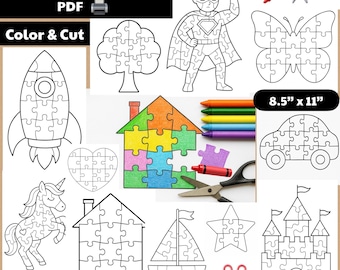 11 Printable Puzzle Outline Templates | Create Your Own Puzzle Worksheet | Custom Puzzle Design DIY | Blank Jigsaw Puzzle PDF | Color & Cut