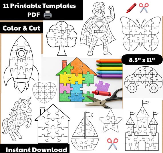 11 Printable Puzzle Outline Templates | Create Your Own Puzzle Worksheet | Custom Puzzle Design DIY | Blank Jigsaw Puzzle PDF | Color & Cut