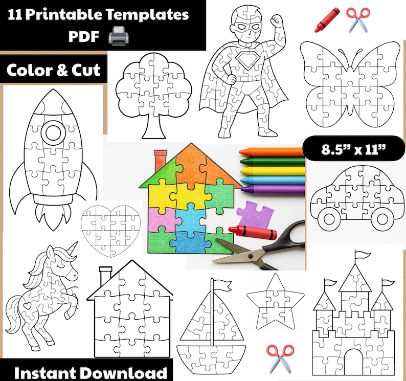 May include: A printable PDF with 11 templates for color and cut puzzles. The templates include a rocket, tree, superhero, butterfly, car, heart, unicorn, house, boat, star, and castle. The paper size is 8.5" x 11".