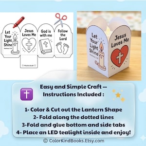May include: A printable paper craft kit featuring a four-sided lantern design with religious illustrations and text including Let Your Light Shine, Jesus Loves Me, God is with me, and Follow the Lord. The kit includes instructions to color, cut, fold, and glue.