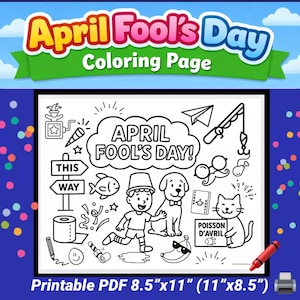 以下が含まれることがあります： 「April Fool's Day Coloring Page」のテキストが入った白黒の塗り絵。男の子、犬、猫、魚、その他のエイプリルフールのテーマのオブジェクトなど、さまざまなイラストが特徴です。印刷可能なPDFは21.6cm x 27.9cmです。