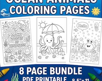 Ocean Animals Coloring Pages, Printable Sea Animals, Kids Travel Coloring Activity, Beach Coloring Pages for Kids, Marine Animals Coloring
