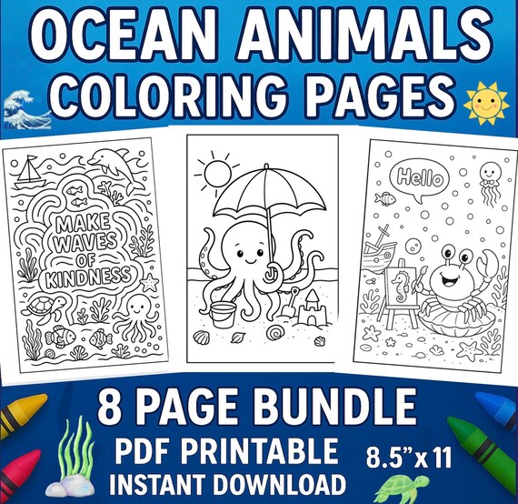 Ocean Animals Coloring Pages | Printable Sea Animals | Kids Travel Coloring Activity | Beach Coloring Pages for Kids | 8 Page Bundle, PDF