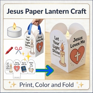 Op de afbeelding: Een papieren lantaarnknutsel met de tekst "Jesus Paper Lantern Craft". De lantaarn heeft een kaarsafbeelding en de zinnen "Let Your Light Shine" en "Jesus Loves Me". Inclusief een kleurpotlood, een schaar en een waxinelichtje.