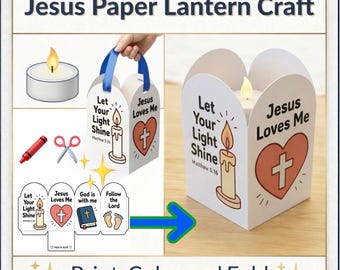 Lanterna di carta di Gesù, lavoretto biblico stampabile per bambini, lanterna per la scuola domenicale, attività cristiana per bambini in chiesa, fai risplendere la tua luce, VBS