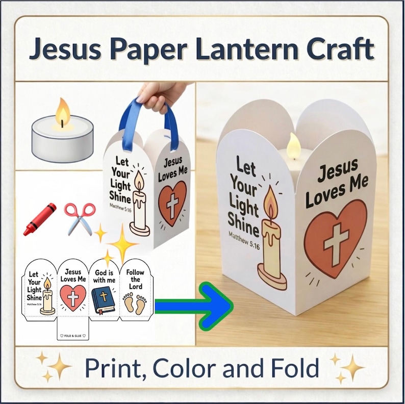 May include: A paper lantern craft kit featuring a template with illustrations of a candle, a heart with a cross, a Bible, and footprints. The text reads Let Your Light Shine, Jesus Loves Me, God is with me, and Follow the Lord. Includes a blue ribbon handle.