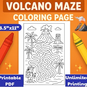 Può includere: Una pagina da colorare con labirinto di vulcani in bianco e nero con il testo "VOLCANO MAZE COLORING PAGE". La pagina misura 21,6 cm x 27,9 cm e presenta un vulcano, palme e un personaggio dei cartoni animati. Un pastello rosso e un pastello giallo sono nell'immagine.
