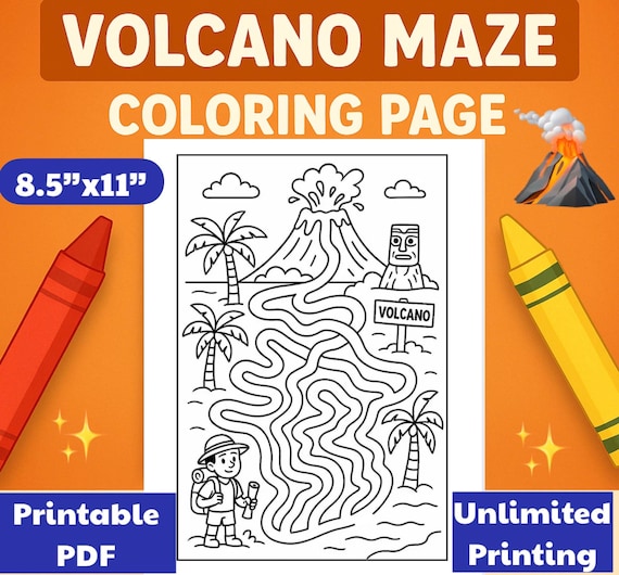 Printable Volcano Maze Coloring Page | Volcano Coloring Sheet