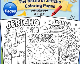 Bible Story Coloring Pages, Battle of Jericho, Joshua 1:9 Coloring, Sunday School Printables, Christian Kids Activity, Walls of Jericho, VBS