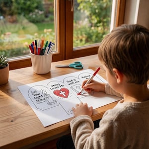 May include: A white paper activity sheet featuring four arched sections with religious illustrations and text including Let Your Light Shine, Jesus Loves Me, God is with me, and Follow the, with a red marker coloring a cross on a Bible.