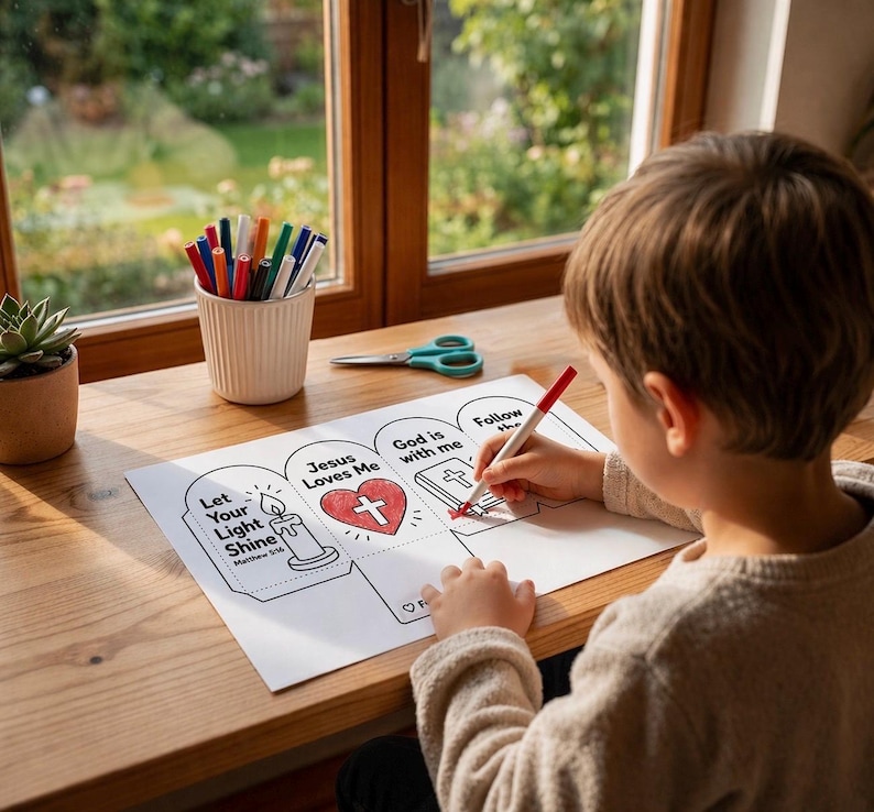May include: A white paper activity sheet featuring four arched sections with religious illustrations and text including Let Your Light Shine, Jesus Loves Me, God is with me, and Follow the, with a red marker coloring a cross on a Bible.
