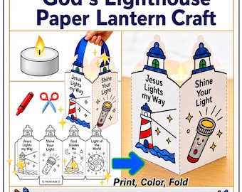 Jesus Paper Lantern Craft, Printable Bible Craft for Kids, Sunday School Lantern, Christian Kids Church Activity, Light of the World, VBS