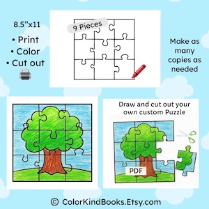 May include: A printable puzzle template with a 9-piece design, featuring instructions to print, colour, and cut out. The image includes a completed puzzle of a tree, and the text "Make as many copies as needed". The paper size is 21.6cm x 27.9cm.