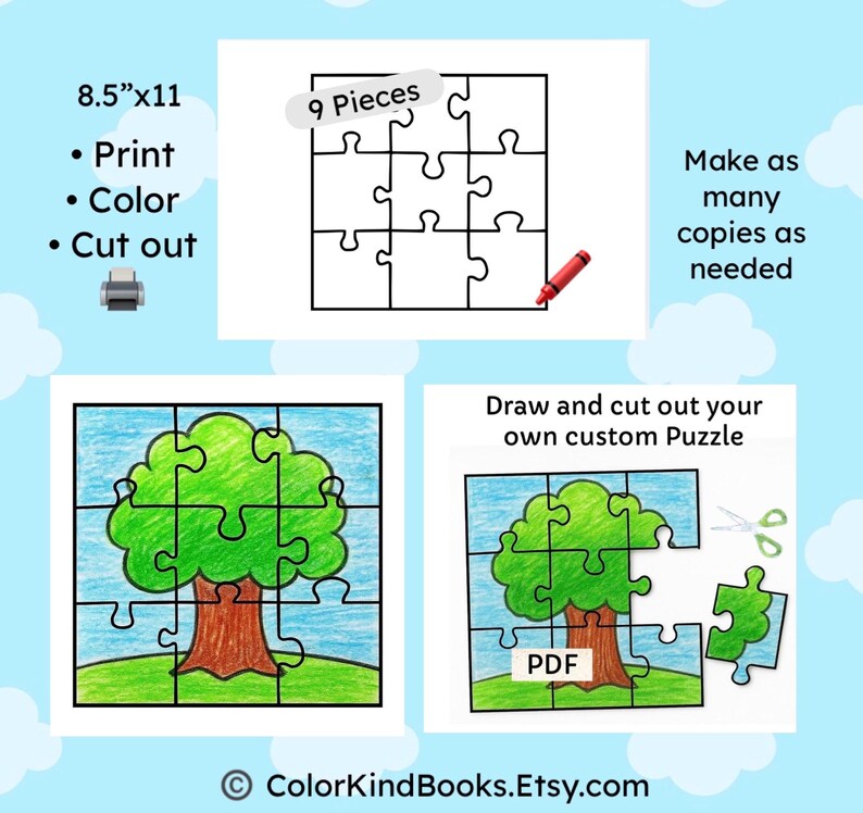 May include: A printable puzzle template with a 9-piece design, featuring instructions to print, colour, and cut out. The image includes a completed puzzle of a tree, and the text "Make as many copies as needed". The paper size is 21.6cm x 27.9cm.