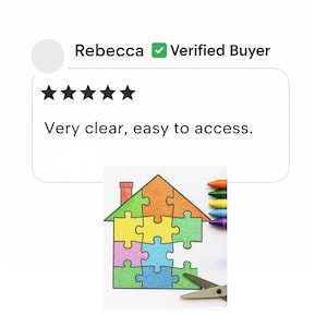 May include: A colorful house puzzle with a green roof, orange walls, and yellow, blue, and green puzzle pieces. The image includes a set of crayons and scissors. Text reads: "Very clear, easy to access."