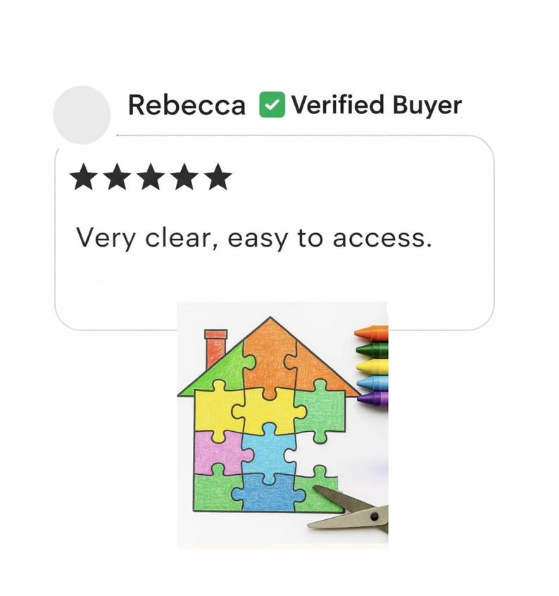 May include: A colorful house puzzle with a green roof, orange walls, and yellow, blue, and green puzzle pieces. The image includes a set of crayons and scissors. Text reads: "Very clear, easy to access."