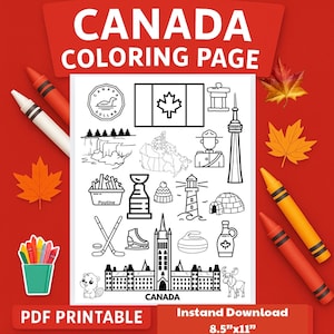 Peut inclure: Une page de coloriage du Canada en noir et blanc avec des icônes canadiennes, comme le drapeau à la feuille d'érable et la Tour CN. La page est entourée de crayons rouges et oranges et de feuilles d'érable. Dimensions : 21,6 cm x 27,9 cm.