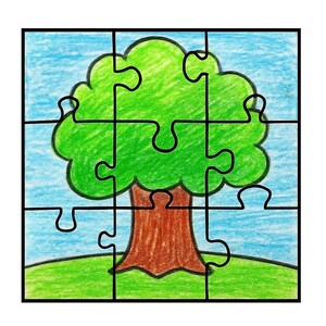 May include: A colourful jigsaw puzzle depicting a tree. The tree has a green crown and a brown trunk, set against a blue sky and green grass. The puzzle is divided into 12 pieces.