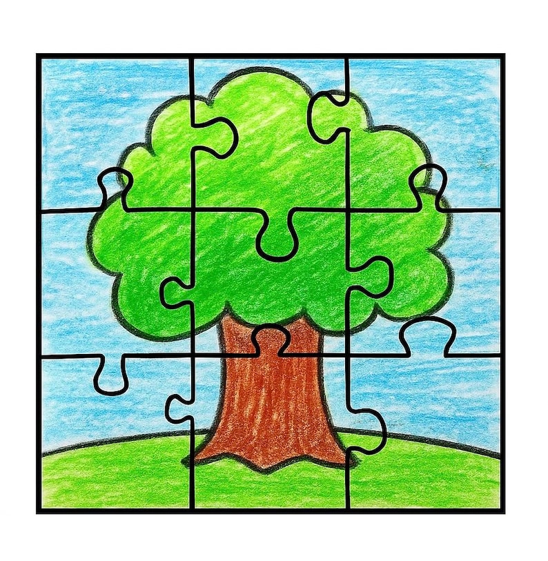 May include: A colourful jigsaw puzzle depicting a tree. The tree has a green crown and a brown trunk, set against a blue sky and green grass. The puzzle is divided into 12 pieces.