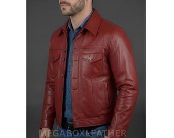 Men's Meroon Leather Jacket, Elegant Trucker Outfit, Stylish Outerwear, Casual Biker Fashion, Fall Jacket, Gift For Him